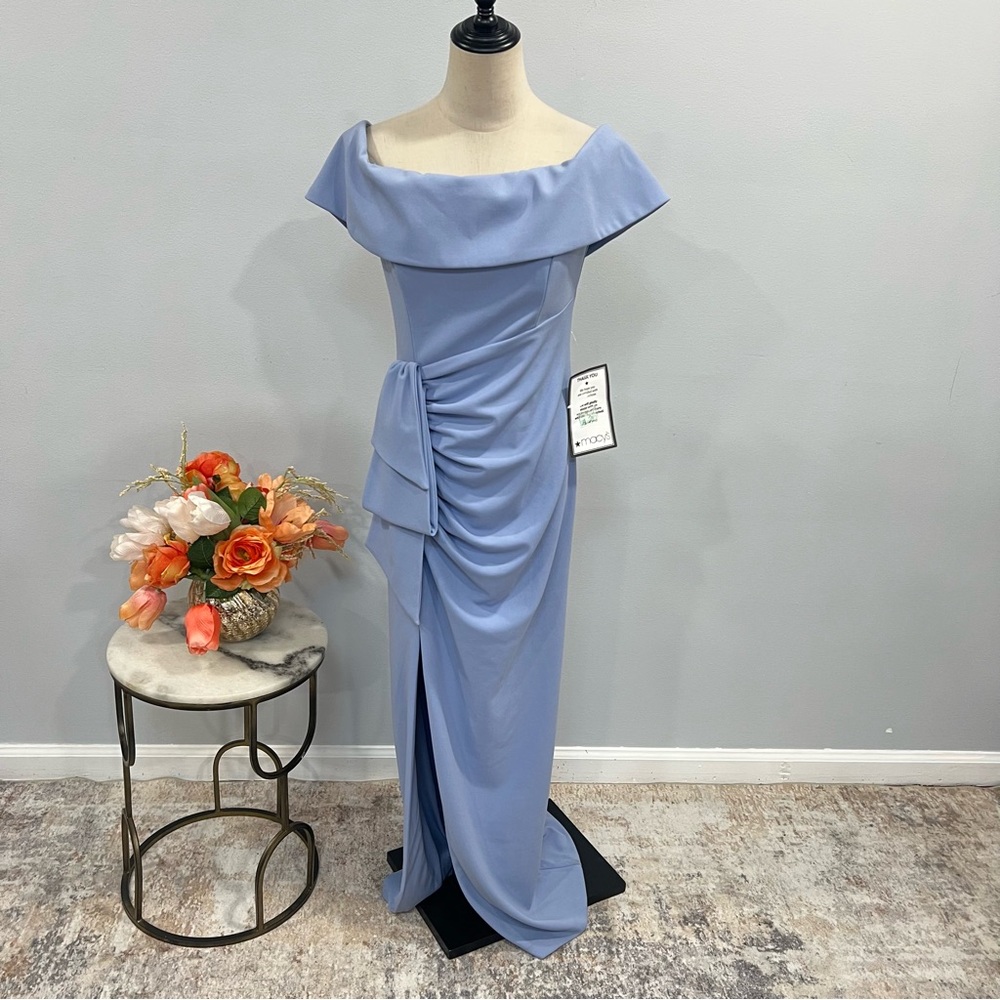Xscape Evenings Sky Blue Ruched Off the Shoulder Crepe Gown - Reemoly